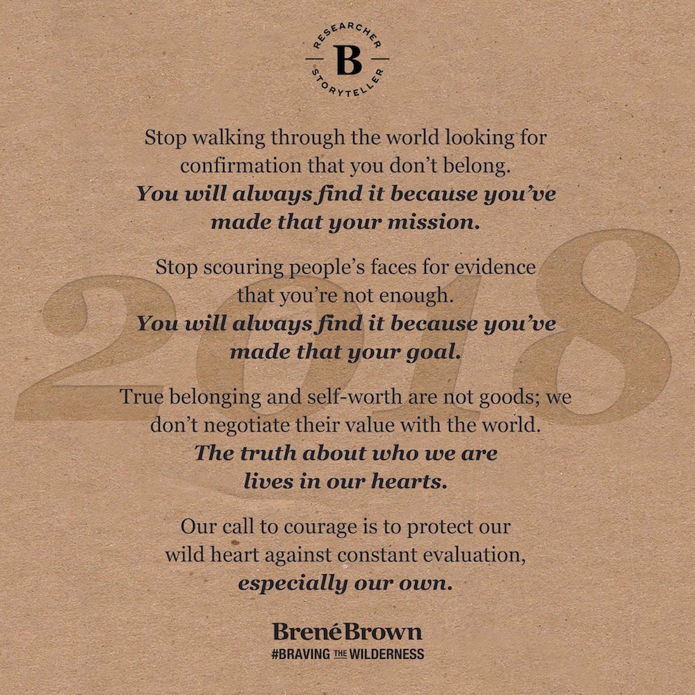 Brene Brown quote says stop walking through the world looking for confirmation that you don't belong